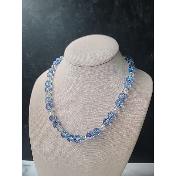 Aurora Borealis Crystal Blue And Clear Adjustable Beaded Necklace Vintage - Picture 2 of 10